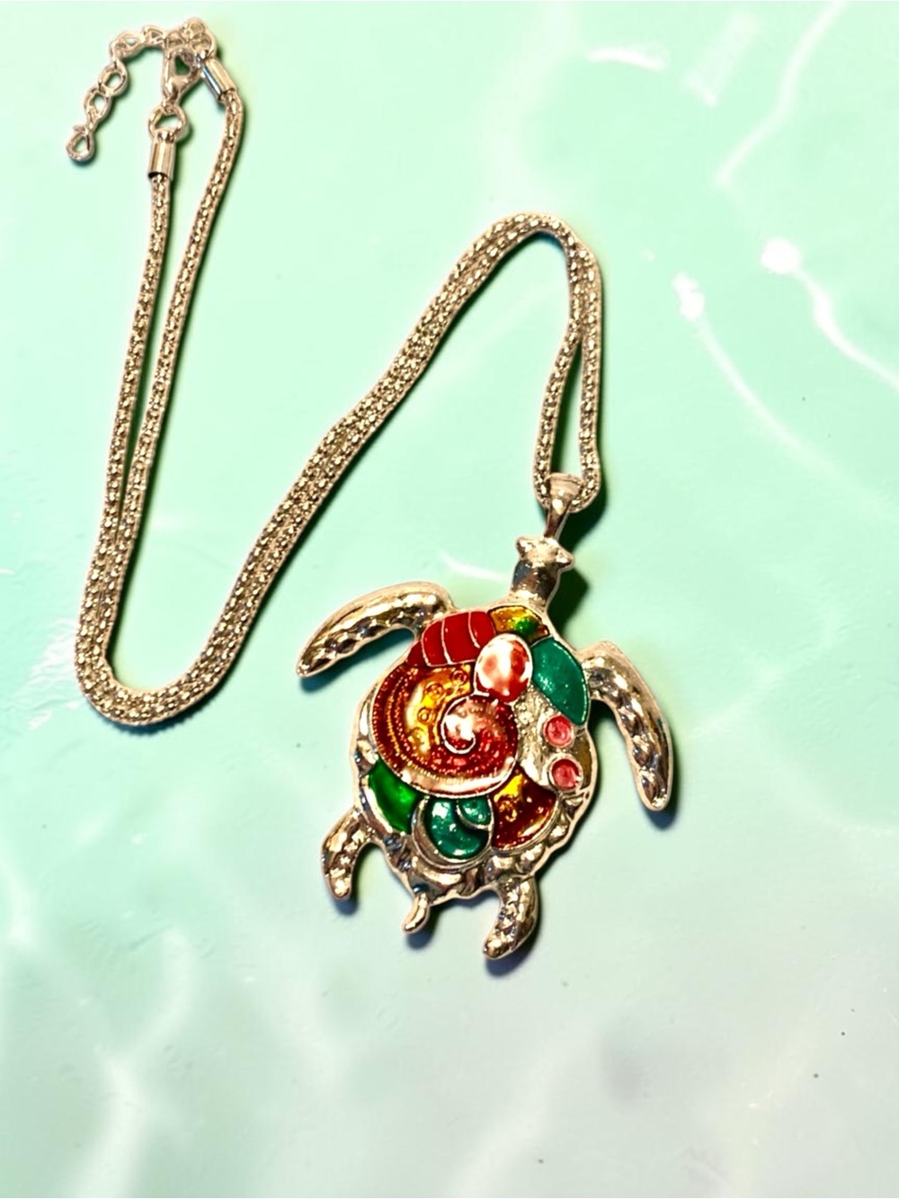 Multicolor Enamel Sea Turtle Pendant Necklace - Silver Tone
